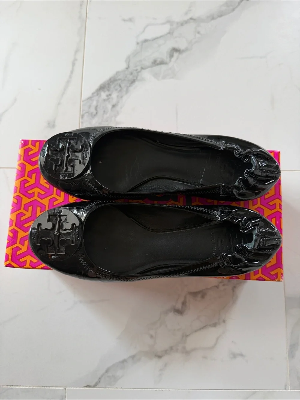 Tory Burch Black Patent Reva Logo Round-Toe Ballet Flats